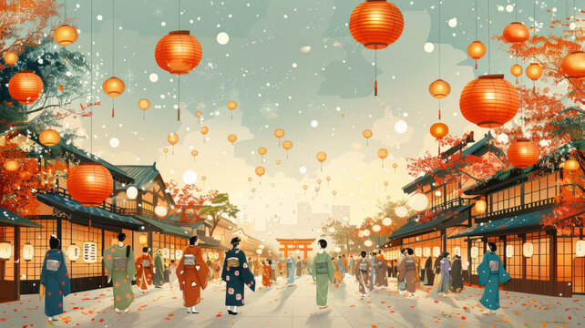 身穿和服的人和傳統(tǒng)房屋的日本街道場(chǎng)景