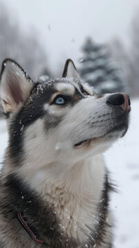 西伯利亞哈士奇仰望天空雪花飄落