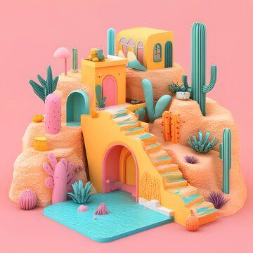 彩色沙漠小屋與仙人掌