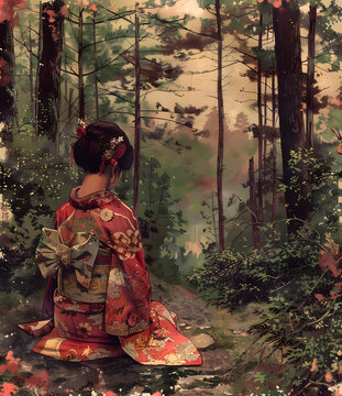 一個(gè)身穿紅色和服的女子正坐在森林里
