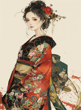 身穿和服的美麗女子，她的頭發(fā)上裝飾著紅色和白色的花朵，手里拿著一把紅色和白色的扇子