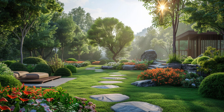 一個美麗的花園，有石板路，涼亭和長椅