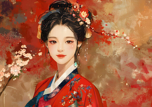 身穿朝鮮傳統(tǒng)服飾、發(fā)髻上簪有鮮花的美麗韓國(guó)女子