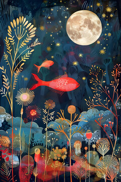 抽象花卉和魚的夜空