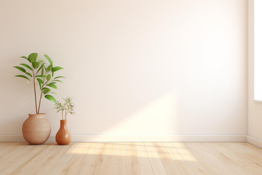 空蕩的房間里有兩盆植物陽(yáng)光灑在地板上