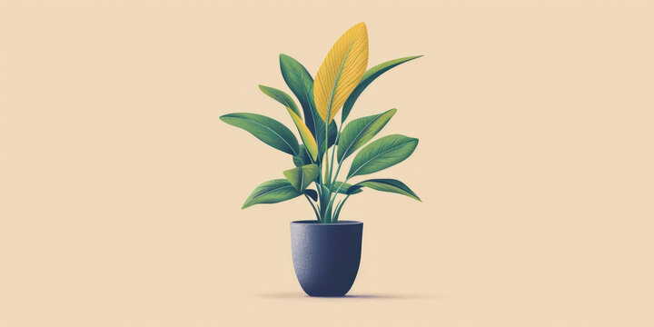 一個(gè)裝有綠色和黃色葉子的盆栽植物插圖