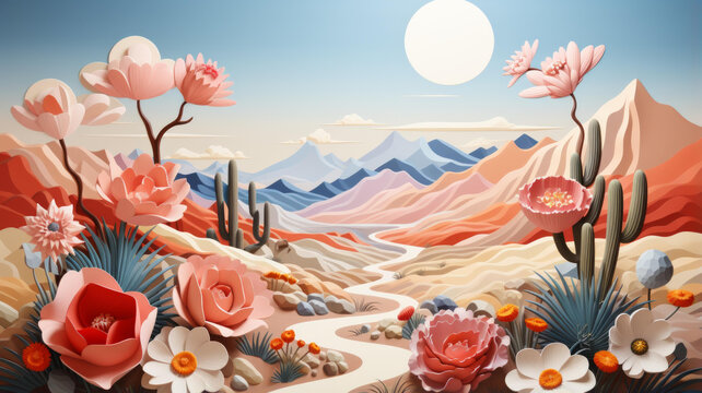 超現(xiàn)實的沙漠景觀有粉色的花朵和仙人掌