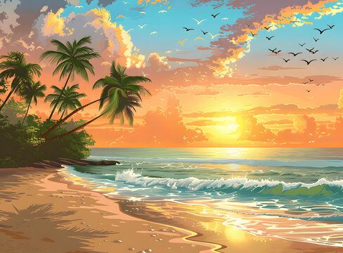 夕陽下的海灘