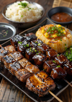 日式烤肉串配米飯和玉米
