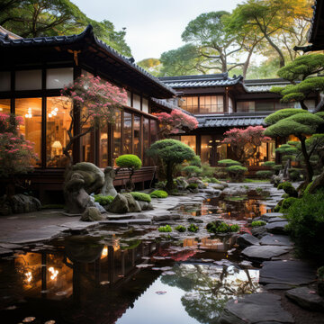 日式庭院花園與傳統(tǒng)日式房屋和池塘