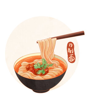 山西美食刀削面水彩插畫