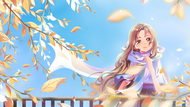 藍(lán)唯美浪漫秋季美女賞秋景插畫