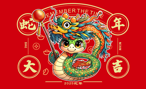 2025國潮卡通蛇舞龍插畫