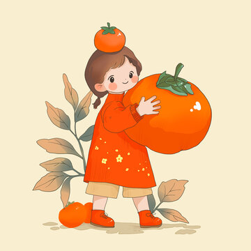 秋天女孩柿子