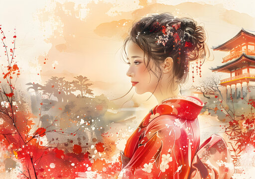 身穿紅色和服、白色和粉紅色花朵和傳統(tǒng)發(fā)髻的亞洲女子站在一片紅色和粉紅色的花田中，背景中有一座寶塔
