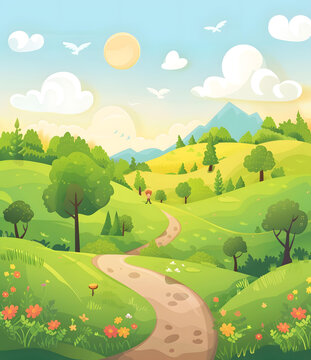 卡通綠色山丘和蜿蜒小路風景