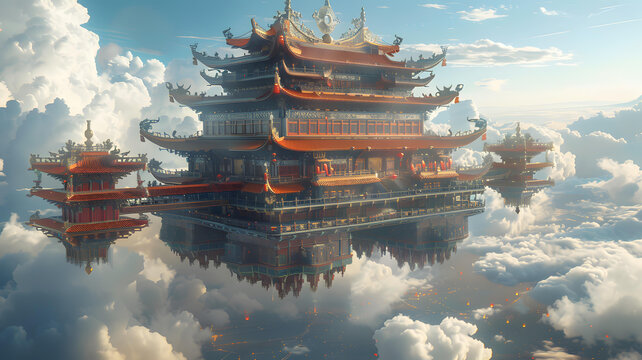 東方風(fēng)格的建筑漂浮在云海之上