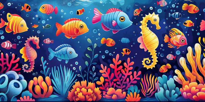 珊瑚礁周圍聚集的魚和海馬