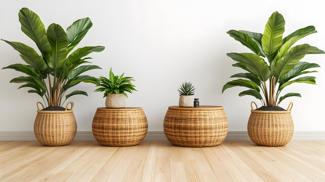 極簡(jiǎn)風(fēng)格客廳設(shè)計(jì),藤編籃和綠色植物
