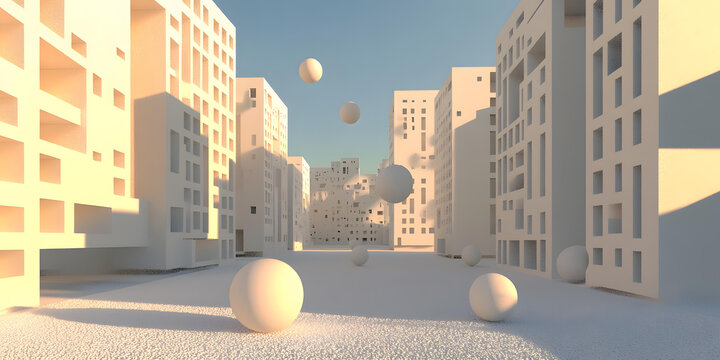 極簡主義白色城市景觀3D渲染，帶有漂浮的球體