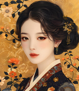 身穿韓國傳統(tǒng)服飾的年輕女子肖像