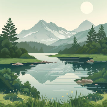 寧?kù)o的山湖與森林景觀插圖