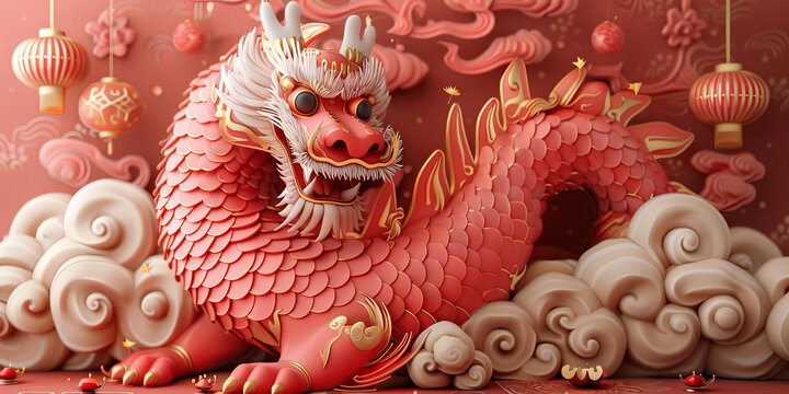 一只粉紅色的龍周圍有祥云和紅燈籠