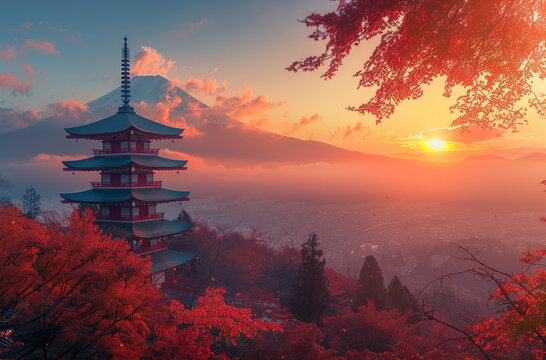 富士山秋景與寶塔