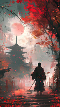 武士漫步于紅葉和寶塔之間