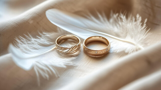 兩只金質(zhì)結(jié)婚戒指白色羽毛和米色布料背景