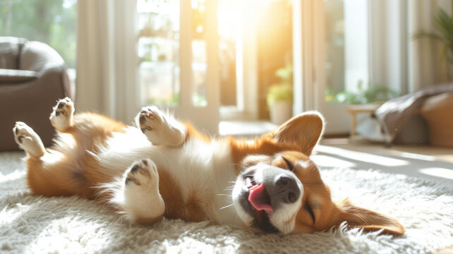 一只可愛的小柯基犬躺在地板上曬太陽