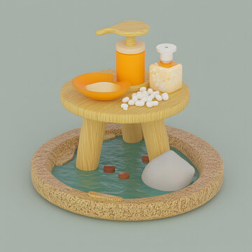 木制桌子上的肥皂瓶和碗的3D