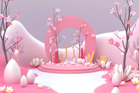 粉紅色春天場(chǎng)景，櫻花盛開(kāi)，圓形背景