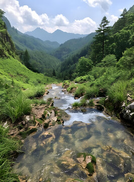 在山谷中流淌的河流，背景是綠色的山脈