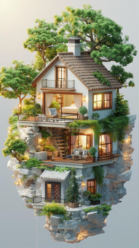懸浮在巖石上的房子屋頂有樹木和花園