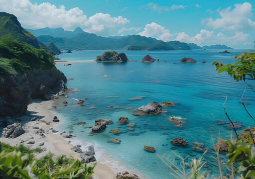 巖石海灘與蔚藍(lán)海洋和翠綠的山脈
