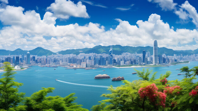 香港島維多利亞港天際線與摩天大樓