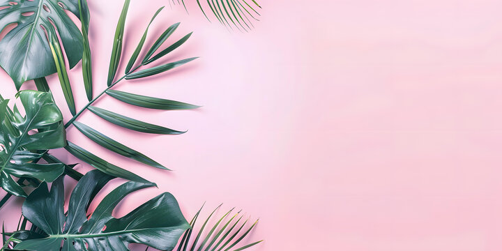 粉色背景上的熱帶綠葉