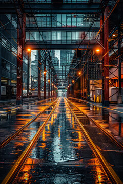 雨中鐵軌城市燈光倒映在水坑中