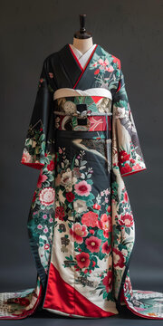 一件帶花卉圖案的和服和一條紅色腰帶