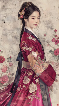 身穿韓國傳統(tǒng)服飾的韓國女性畫像