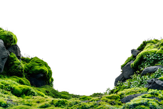 [免摳素材]白色背景上的綠色苔蘚巖石