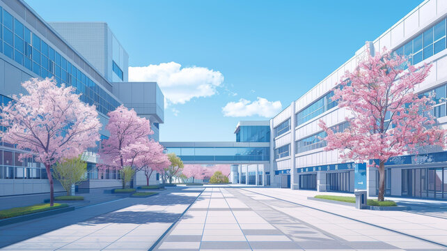 春天櫻花盛開的現(xiàn)代建筑外觀