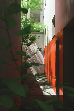 現(xiàn)代紅白庭院建筑綠植