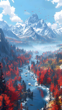 雪山河流紅葉景觀圖