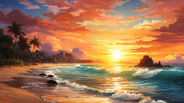 夕陽西下海浪拍打著海岸寧靜的海灘