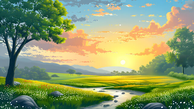 夕陽下的鄉(xiāng)村風(fēng)景畫