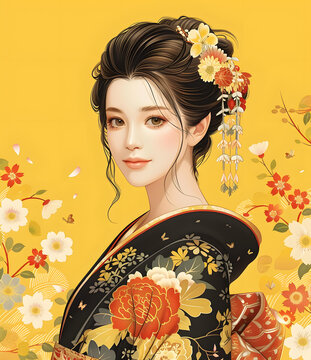 身穿花卉圖案和服的美麗日本女性