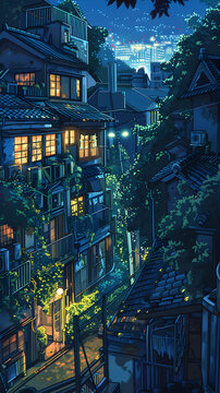 夜晚的日本城市街景，建筑和路燈