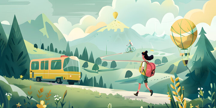 女孩背包客旅行, 山脈風(fēng)景, 公共汽車, 熱氣球